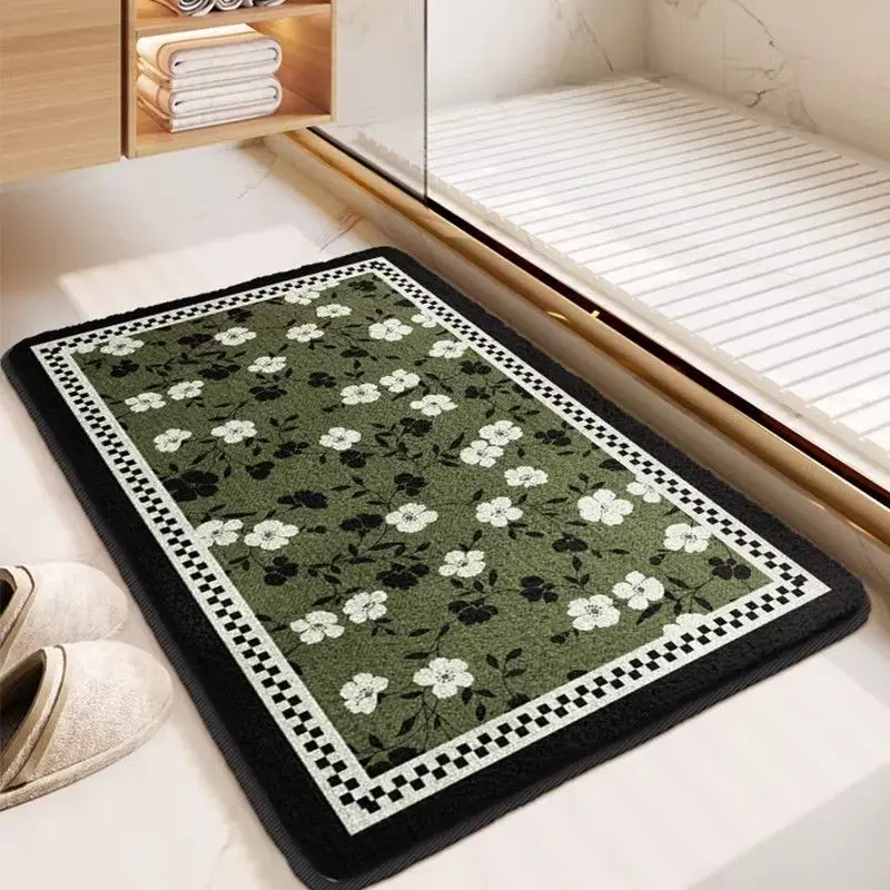 VIKAMA Vintage Floral Bath Mat Non‑Slip Black White Flower Border Floor Rug for Bathroom Shower Entryway Home Decor