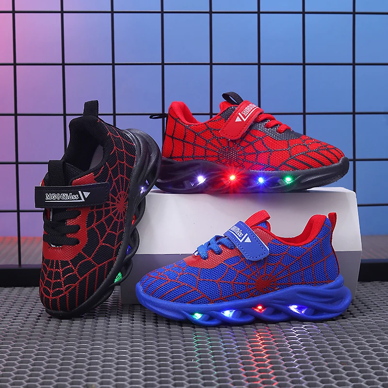 MGO Kidss Children's Children's Shoes Glow Shoes Light Shoes 2024 Spring and Autumn New Flash Shoes Fashion Spider Web Tide Shoe