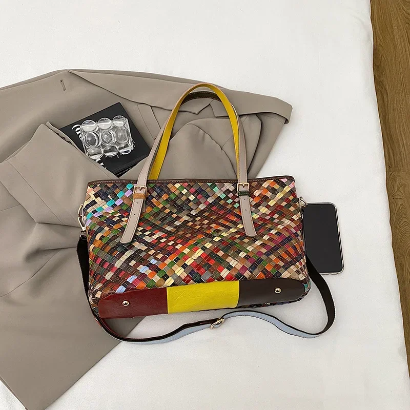 

2025 Women's New Elegant Genuine Leather Woven Basket Bag - Large Capacity Commute Travel Essentials for Ladies