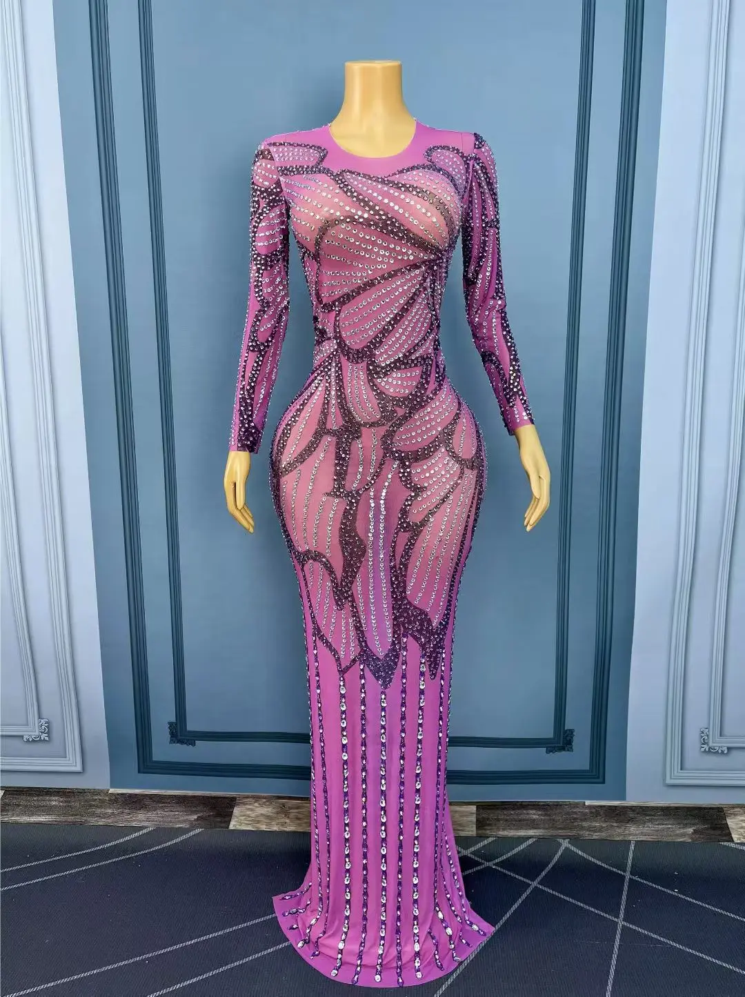 Lange Ärmel Blume Diamant Geburtstag Party Feier Langes Kleid Weibliche Abend Bankett, Figurbetontes Kleid Frauen Prom Club Outfit