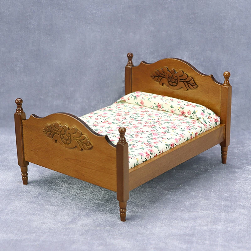 1:12 Dollhouse Miniature European Double Bed Model Furniture Accessory For Doll House Bedroom Decor Kids Pretend Play Toys Gift