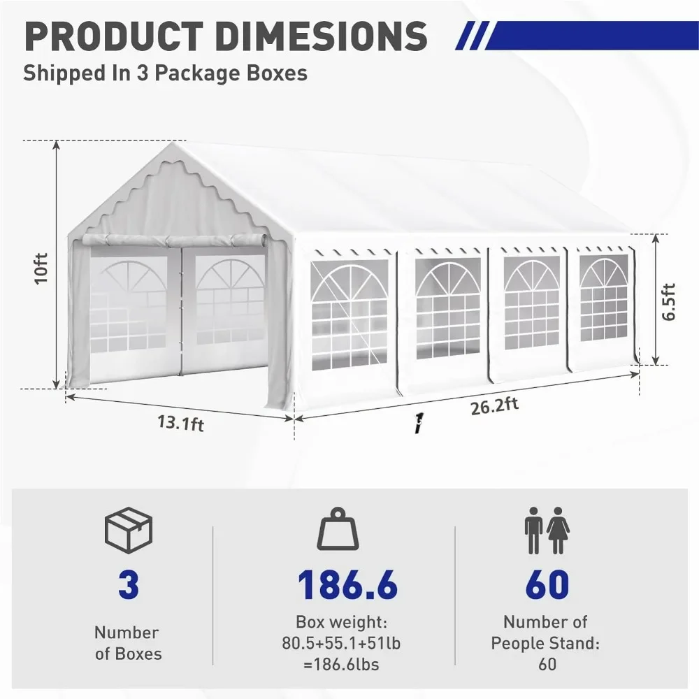 13x26FT Party Tent, Large Wedding Event Shelters with 3 Carry Bags & Removable Sidewalls, Outdoor Canopy Gazebo Commercial Tent