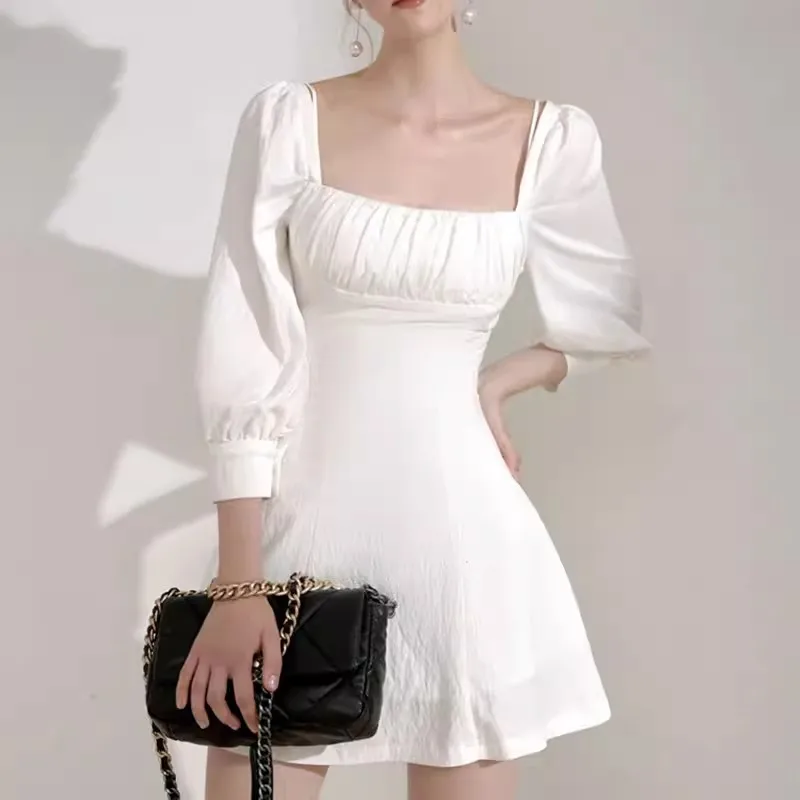 

White Elegant Women Dress Summer Square Neck Puff Sleeve Streetwear Dresses Bodycon Mini Holiday Party Vestidos Vintage