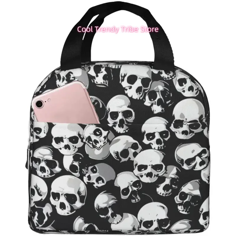 Black Skull Print Insulated Lunch Bag | Reusable Oxford Cloth Lunch Box with Front Pocket, Hand Wash, Suitable for Work, Picnic,