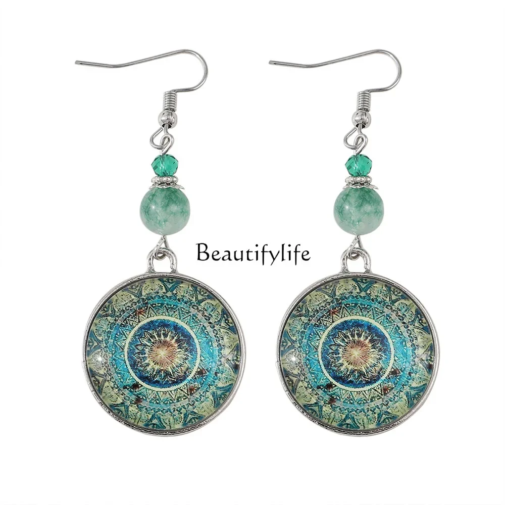 

European and American retro mandala flower time gem earrings, ethnic wind dream catcher long earrings for women