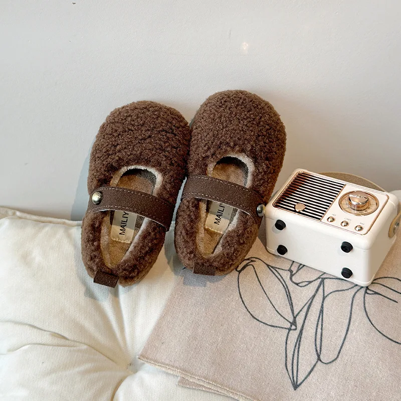 

Kids Princess Shoes Fleece sweet Girls Flat Shoes Solid Color Versatile 2025 winter New Children Plush Shoes Round Toe Sweet