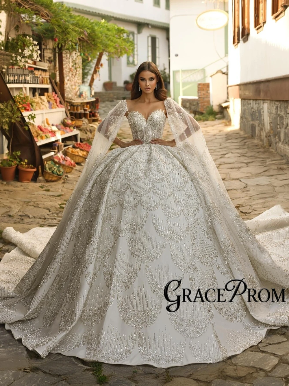 

Sparkly Heart-shaped Neck Wedding Dress 2026 Full Sequin Crystal Embellished Bridal Gowns With Sheer Cape Opulent Ball Gown