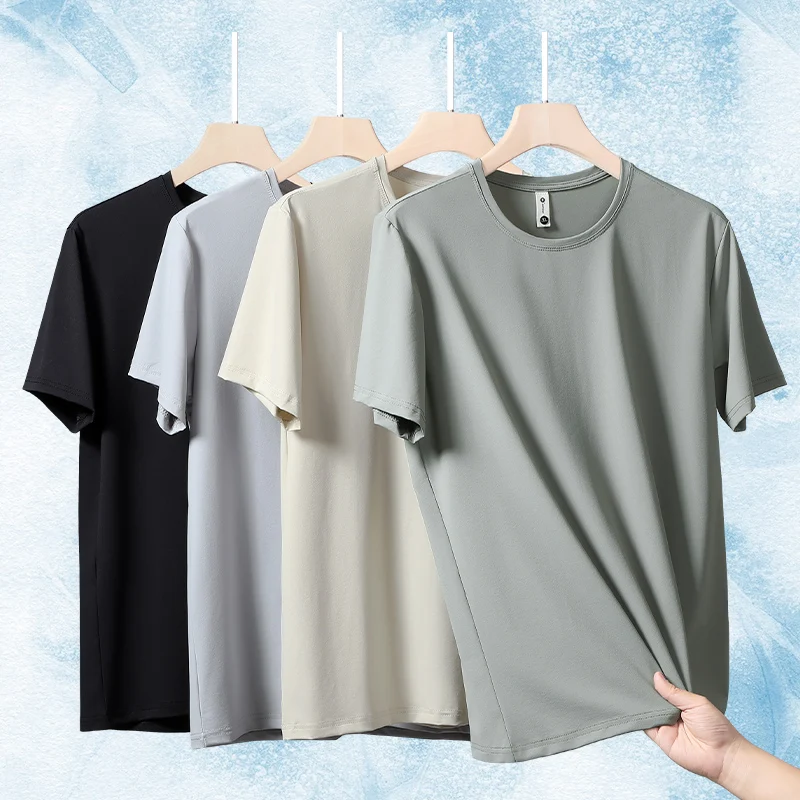 

Мужская спортивная футболка для тенниса на открытом воздухе, впитывающая пот, быстросохнущая, из ледяного шелка, летняя, легкая, дышащая, эластичная, приталенная футболка