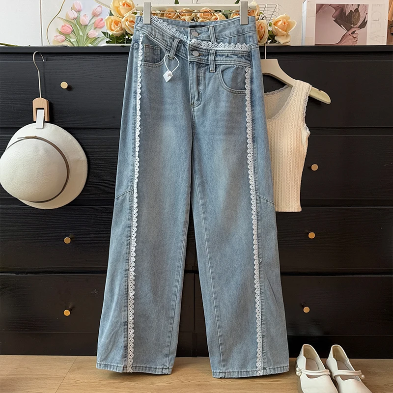 

Spring Fashion Blue Wide Leg Jeans Women's Chic Lace Patchwork High Waist Denim Pants Female Loose Straight Trousers