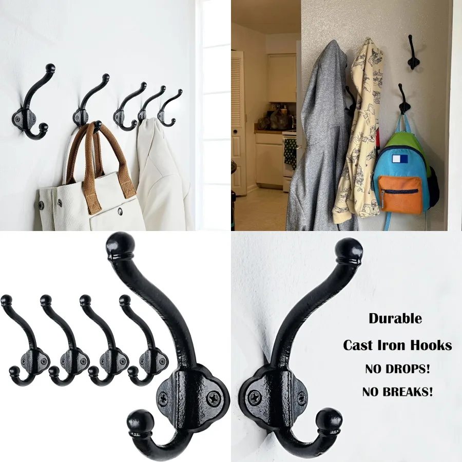 

Сверхмощные черные настенные крючки, чугунные крючки в фермерском стиле, упаковка из 5 штук, идеально подходят для рюкзака, шляпы, пальто и крючков для полотенец, идеально подходящие для E