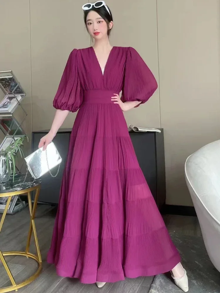 

Birthday Dress for Women V-neck Seven-point Sleeve Solid Color Splicing High Waist Summer Dress Fashion Elegance Women Clothing