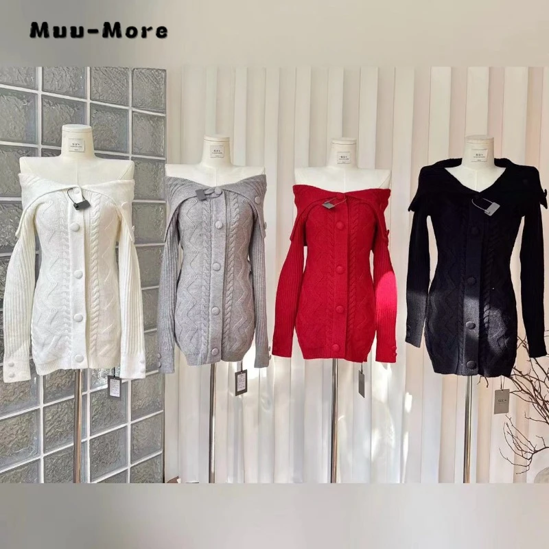 

Women Sexy Long Sleeve Slash Neck Sheath Solid Color Mini Dresses 2023 Winter Female High Waist Slim Clubwear Knitting Dress