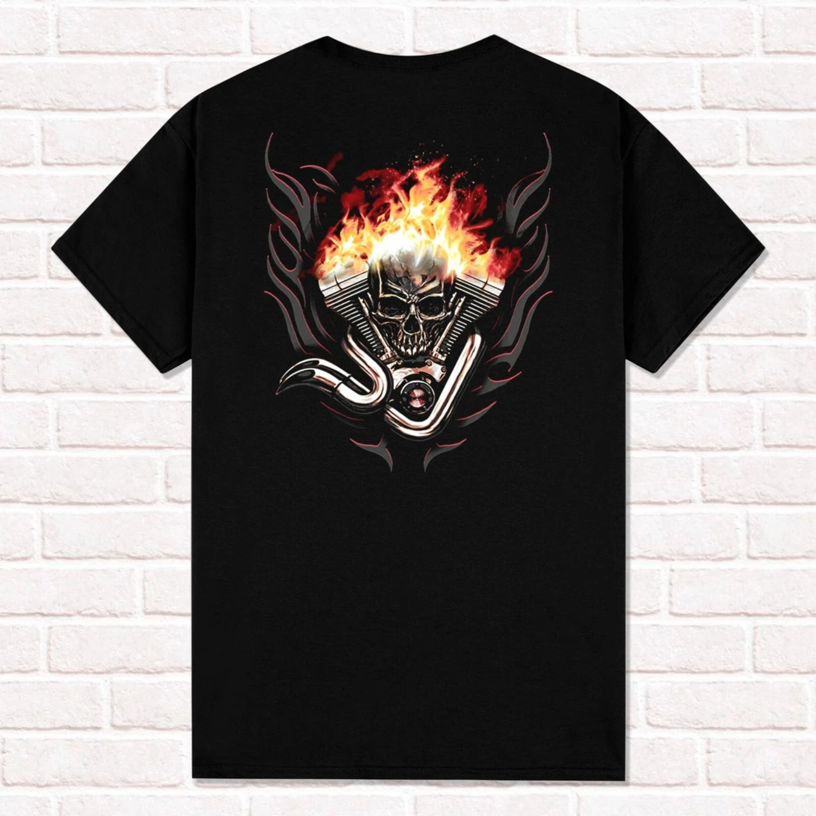 2025 Biker Style T-Shirt Skeleton on A Burning Motorcycle T Shirt  Tees Tops Unisex Cotton Short Sleeve High Street
