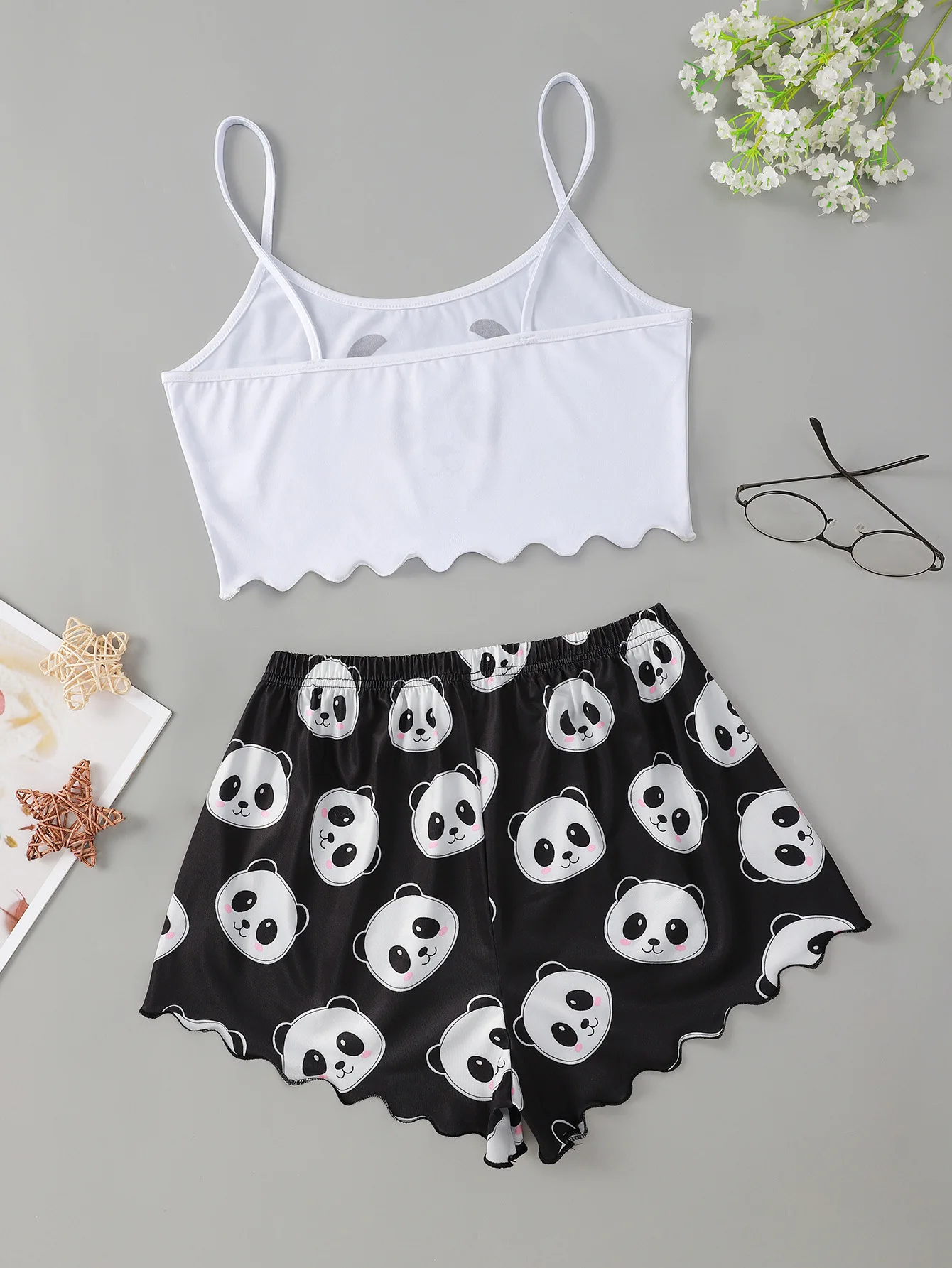 Women's 2pcs Cute Soft Comfy  Doll Print Sexy Sleepwear Sleeveless Shorts Homewear Pajama Set Loungewear