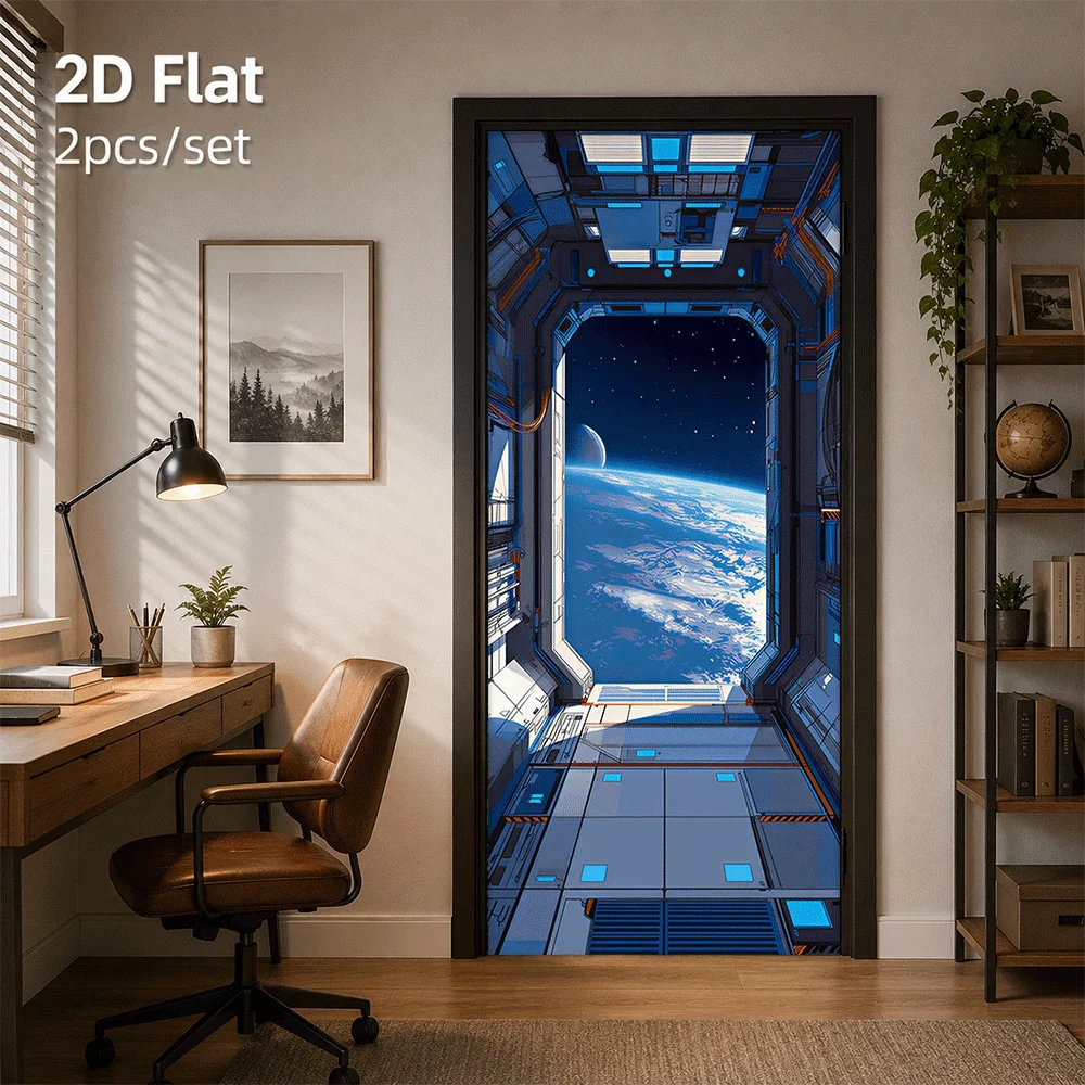 1 space cabin door with a simulated space landscape, looking at the 2D plane of the Earth and Moon from inside the spacecraft