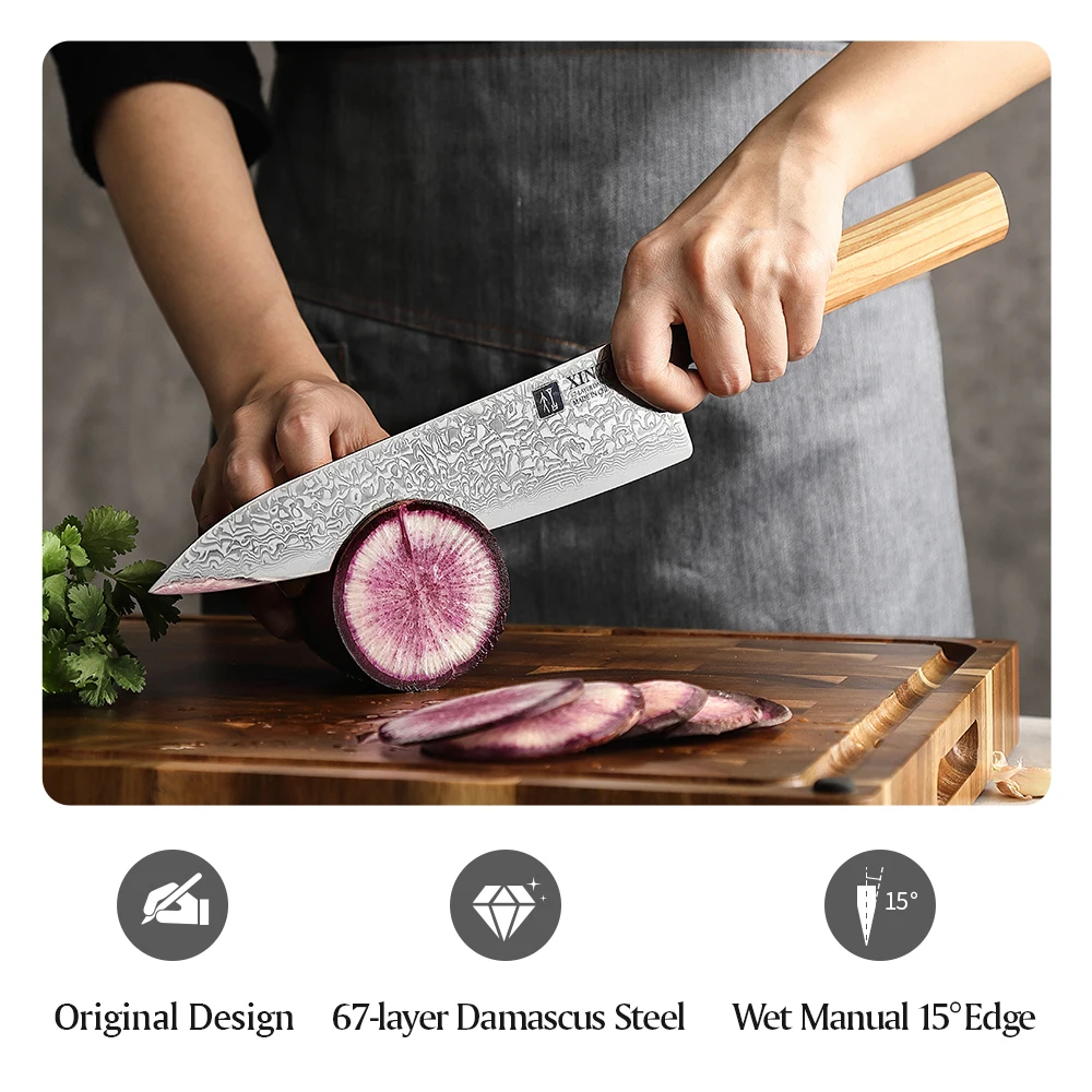 XINZUO 3PCS Knives Set High Carbon Damascus Stainless Steel Sharp Chef Santoku Utility Knife Olive Wood + Buffalo Horn Handle