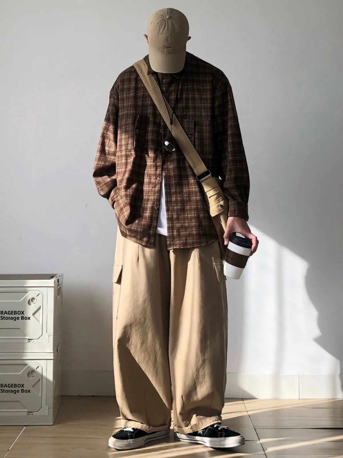 RICHMAN Vintage Japanese Style Long Sleeve Plaid Shirt Men Women Casual Loose Woolen Shirt Coffee Color Spring Autumn