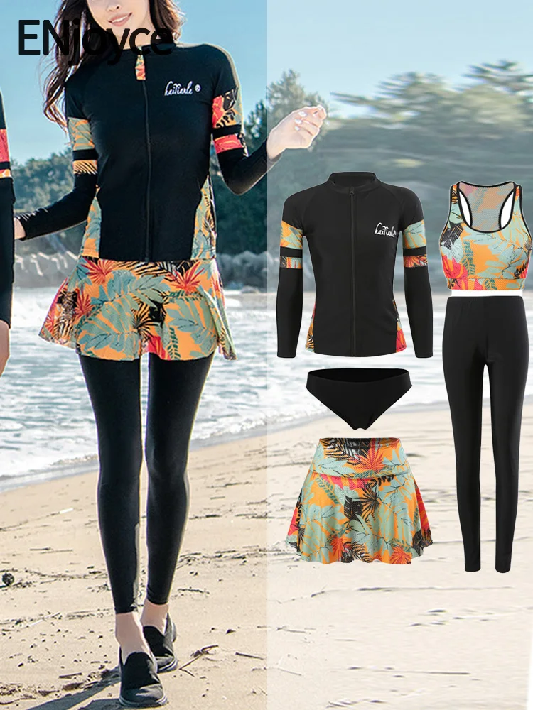

Women Long Sleeve Rash Guard Print Five Pieces Swimsuit Zipper Swimwear with skirt Bathing Suits Surfing Suits Pad Long Pants