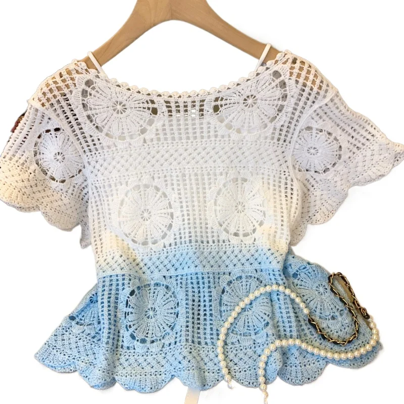Contrast Color Change V-neck Hook Flower Hollow Knitted 2026 Spring and Summer Super Good-looking Stacked Blouse Two-piece Set
