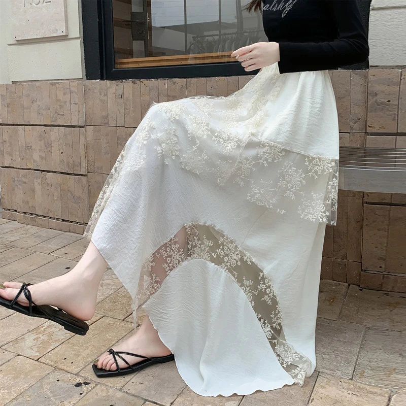 Spring 2026 Irregular Lace Asymmetrical High Waist Midi Skirt for Women in Beige Cake Design Sensation Half Body Skirt