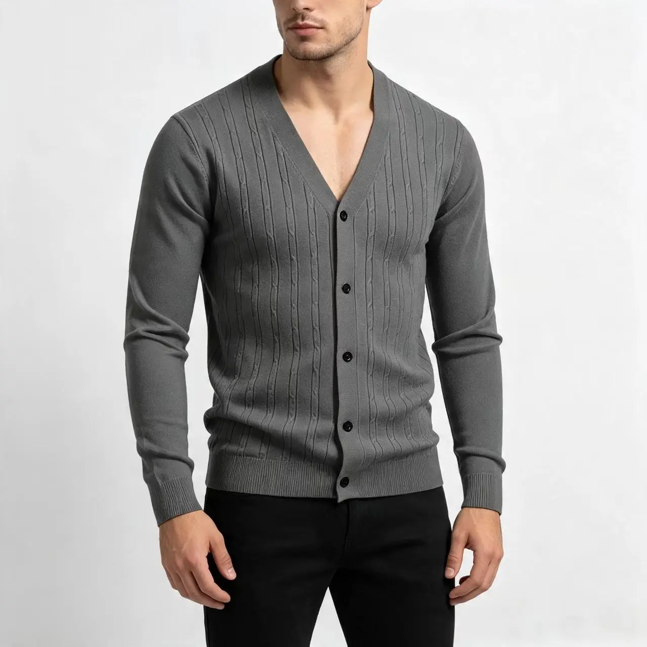 Men's Solid Color V-Neck Cardigan Sweater Long Sleeve Knitwear Casual Autumn Outerwear with Button up Fried Dough Twist Design