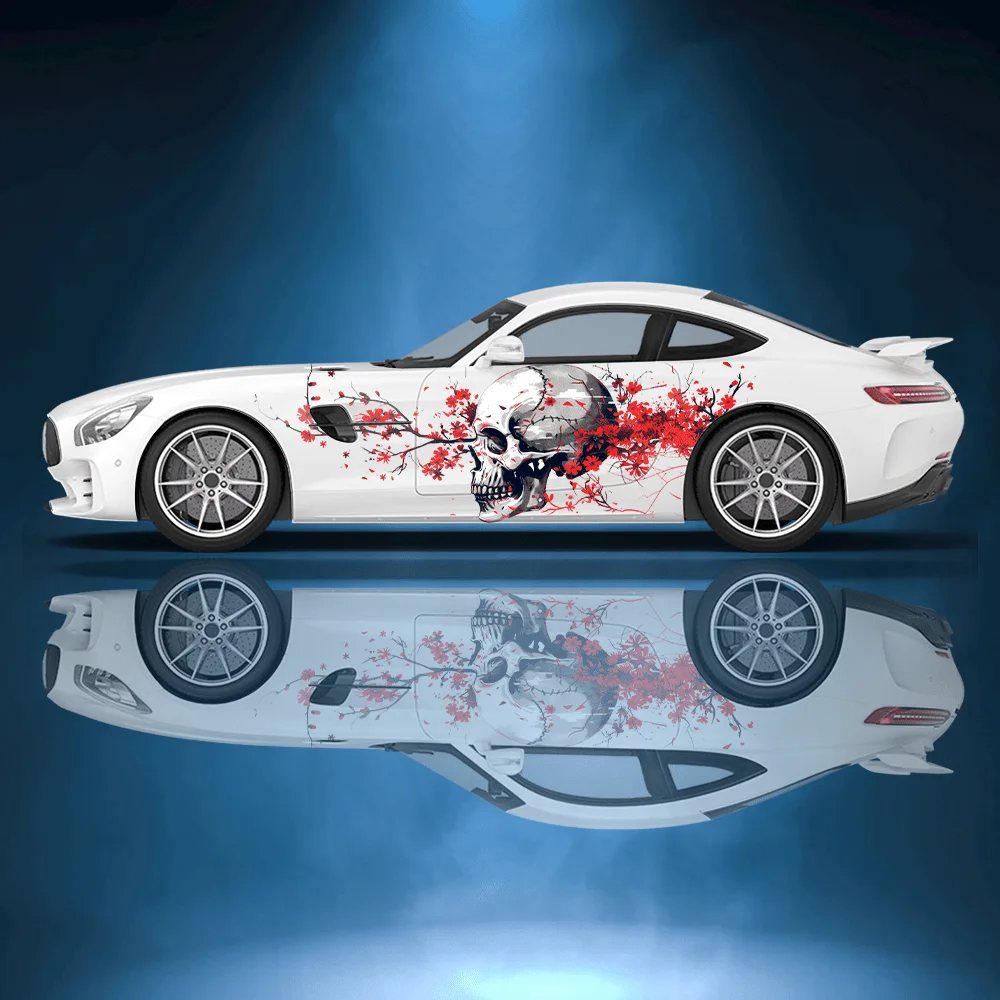 

Flower Branches Surround Skull Car Sticker; Full Body Floral Decoration Covering Scratches; Waterproof Car Vinyl Wraps