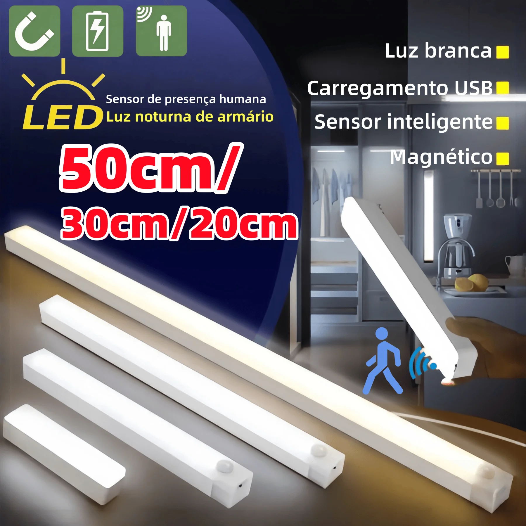 50/30/20cm LED Night Light USB Motion Sensor Rechargeable Brightness Adjustable Wireless for Wardrobe Bedroom