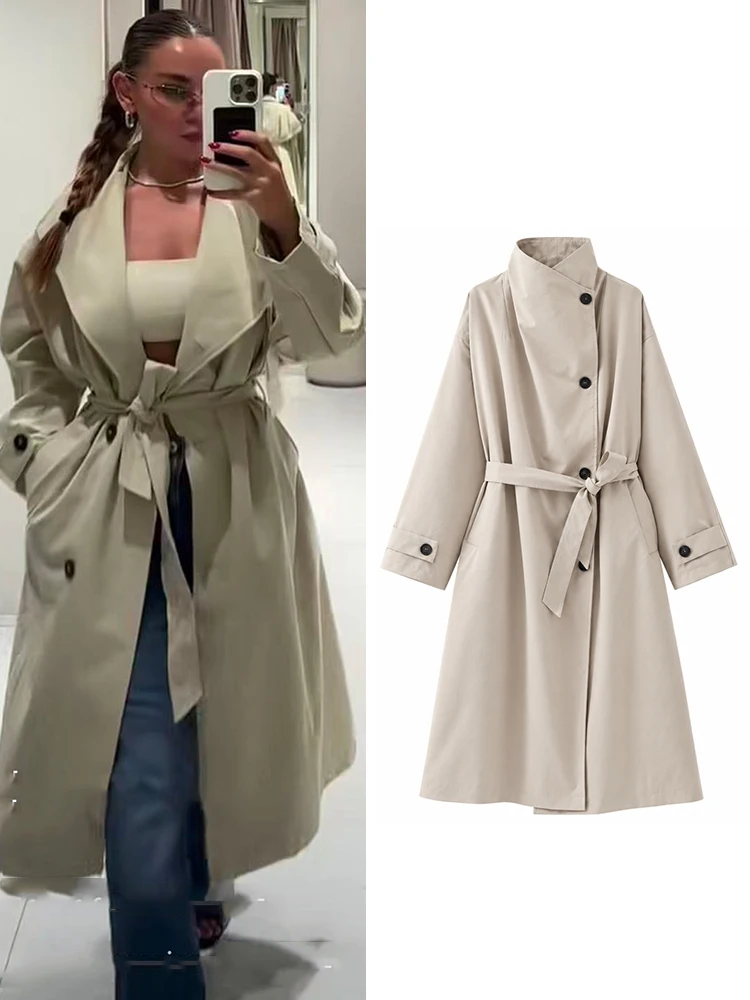 TFMLN Women's Windbreaker With Belt Cinched Waist Long Jacket Single Breasted Lace Up Trench Coats Street Female Jackets New