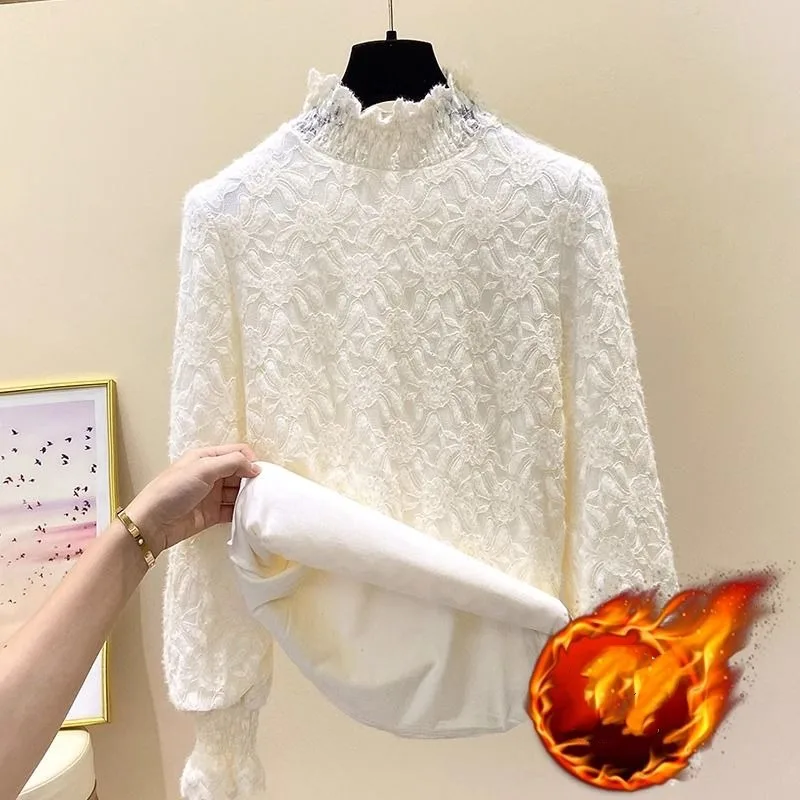 Women's Thick Lace Bottom Autumn Winter New Fashion Chic Solid Half High Neck Patchwork Ruched Long Sleeve Pullover Slim Tops