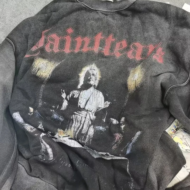 

Американская винтажная толстовка с круглым вырезом и принтом SAINT для вечеринок High Street Washed Do Old Men Women Fashion Saint Sweatshirt