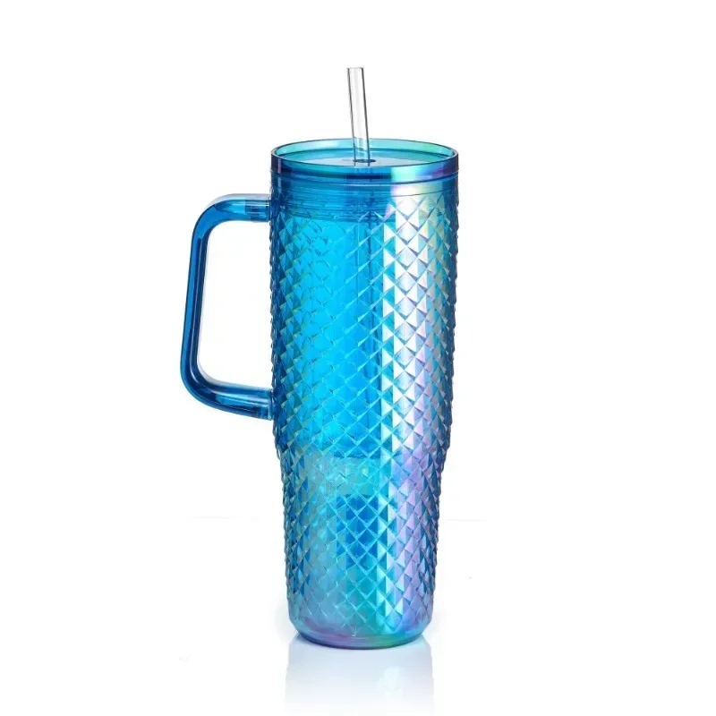 

Mainstays 30oz Textured Tumbler with Straw and Handle, Diamond Iridescent Blue, 30oz, Plastic Double Wall Insulated