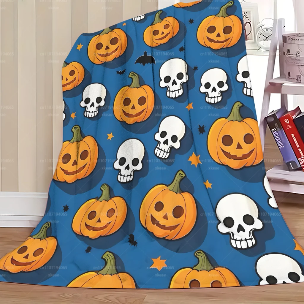 Blue Background Halloween Flannel Blanket, Pumpkin Skull Bat Star Full‑Print Throw Blanket, Soft Lightweight Cozy Blanket For
