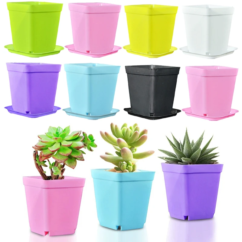 6-24PCS Random Color Square Planters with Tray Durable Plastic Gardening Items Home Office Succulent Cactus Plant Containers ZYF