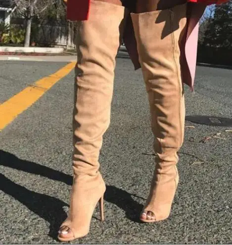 

Apricot Suede Zipper Side Peep Toe Thin Heels Over The Knee Boots Lady Street Style Fashion Thigh Long Botas Party Shoes