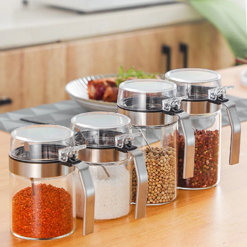 

JJTHNCR Seasoning Pot Glass Bottle Condiment Storage Box Salt Pepper Pot Sugar Flavoring Container With PP Lid Kitchen Supplies