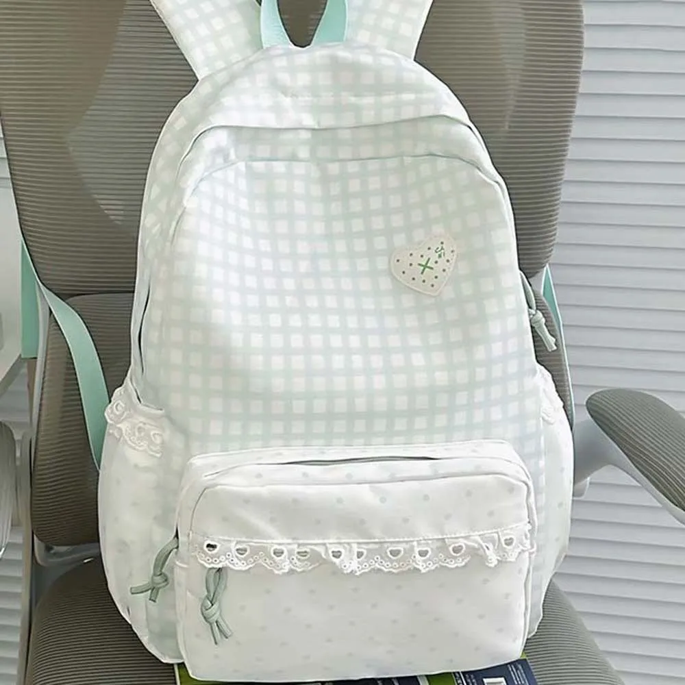Korean Style Gingham Backpack Pastel Colors Polka Dot Lace Schoolbag Heart Embroidery Large Capacity Plaid Daypack Middle School