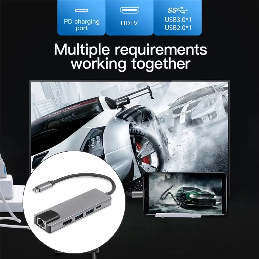 USB C 허브-4K HDMI 호환 USB 3.0 2.0, C타입 충전 PD 100W RJ45 100M 도킹 스테이션, 휴대폰 맥북 컴퓨터용