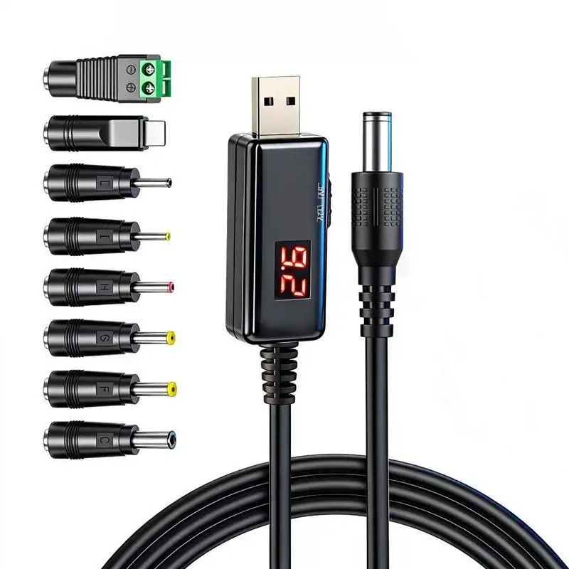 9Pcs USB to DC Boost Power Cord Set 5/9/12V Adjustable Voltage with Adapters for Travel Portable Mini Fan Charging