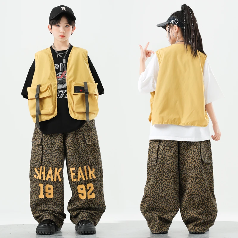 Ropa de calle para niños, chaleco amarillo de Hip Hop, camisa, pantalones Cargo, pantalones para correr de baile callejero para niñas, conjuntos de ropa, disfraces morados de Jazz para niños