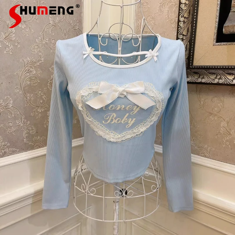 

Y2K Hot Girl Heart Bow Letter Print Lace Clever Slim Fit Crop Top T-shirt Y2k Clothes Long-sleeves Crew Neck Tshirts Pullovers