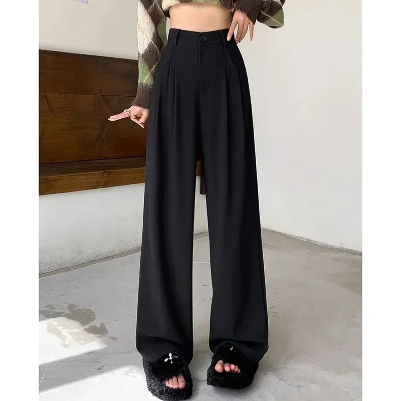 Women Fashion Suit Pants Lady Breathable Baggy High Waist Wide Leg Summer Trousers Lady Straight Leg Black Coffee Classic Pants