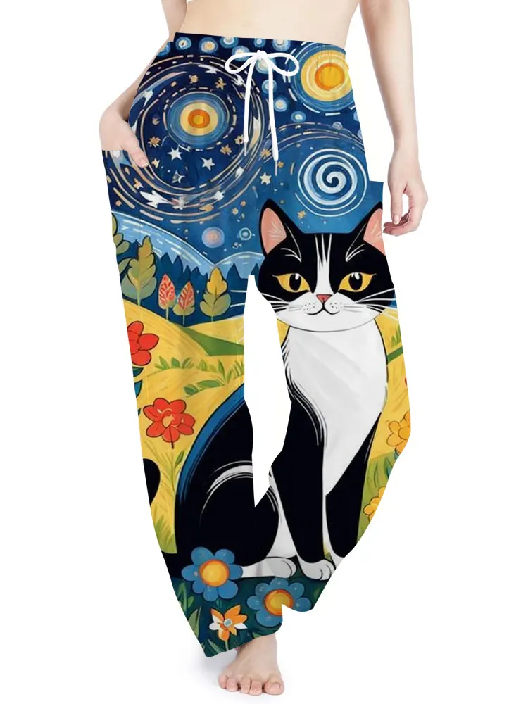 Bohemian Print Pants Summer Fall Ladies Bohemian Holiday Pants Casual Fashion Avant-garde Card Fashion Pants Cat Print