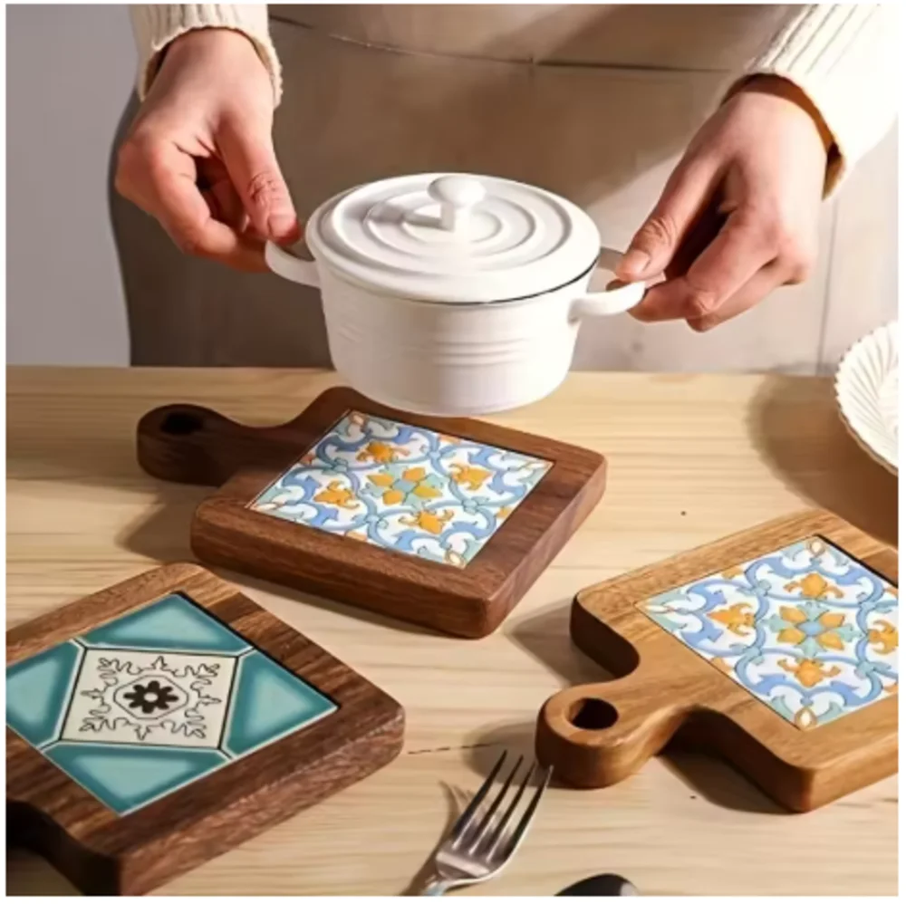 

Vintage Solid Wood Coaster Insulation Mat, Flower Brick Pot Mat, Wooden Plate Dining Mat for Soup Pot & Sand Pot