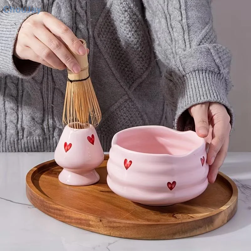 2/4/5pcs Heart Decal Ceramic Matcha Set, Cute Matcha Set Includes Matcha Bowl, Matcha Whisk And Holder, Bamboo Scoop, Sifter