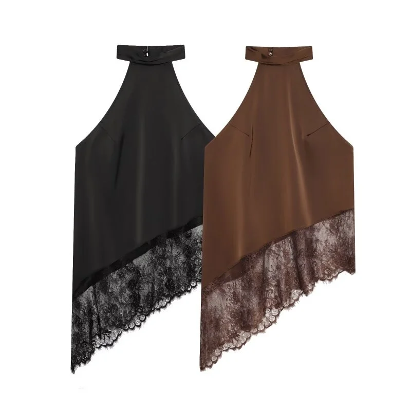Top de satén para mujer con cuello halter, bajo asimétrico, ribete de encaje, camisola sexy sin espalda, blusa de verano