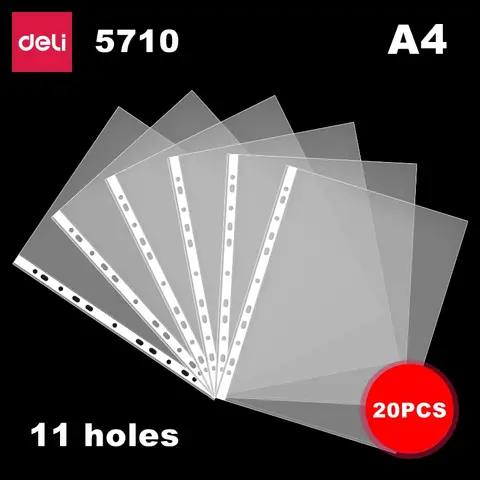 20PCS/Bag Deli 5710 72616 Transparent Document Bag 11 Hole A4 & 30 Hole A3 Horizental Loose Leaf Insert Bag Clear File Folder
