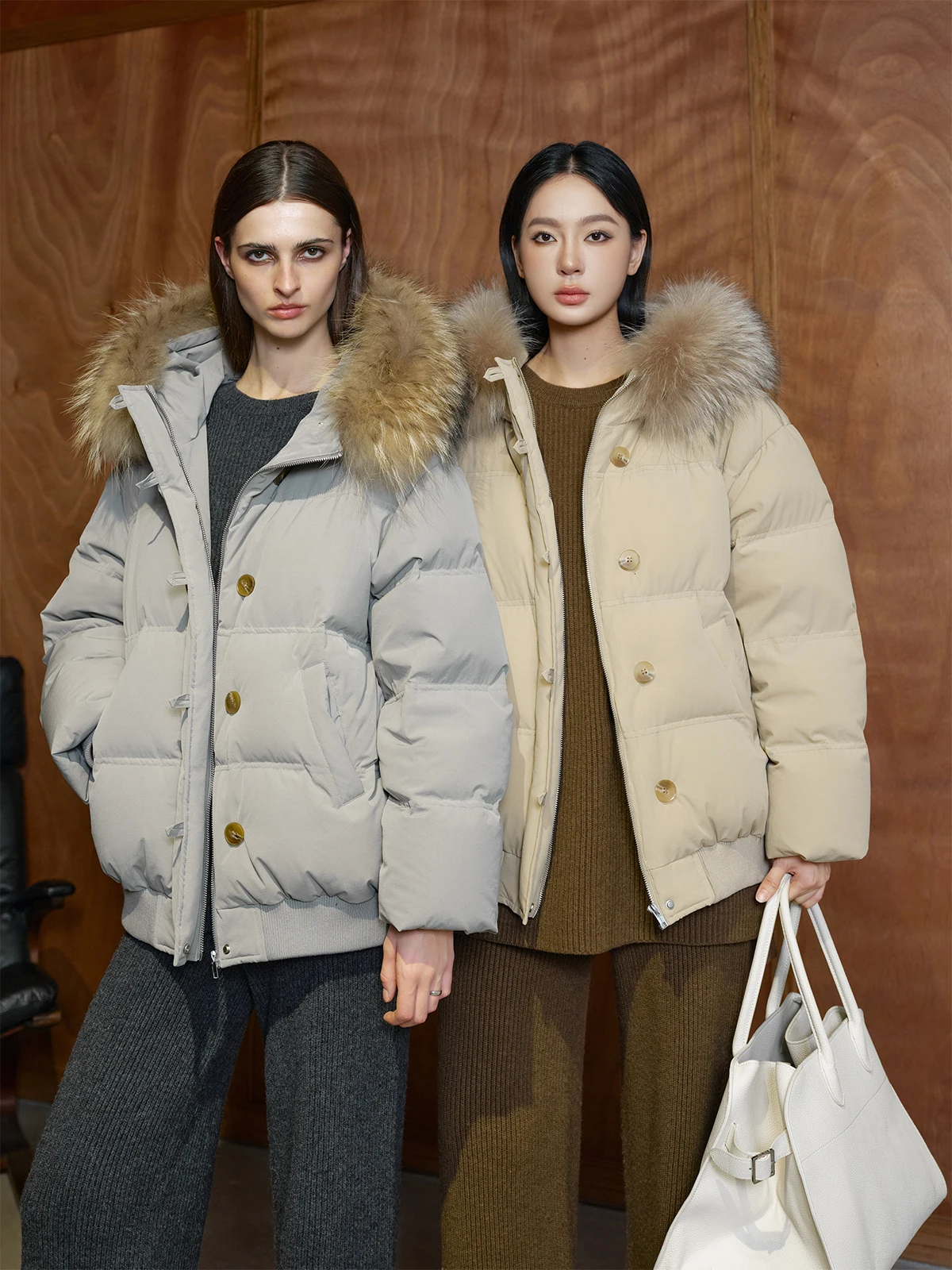 

ZhouMiao 90 White Du down Removable Fur Collar Windproof Hooded Women's down Jaet Pure Color Commute Sle