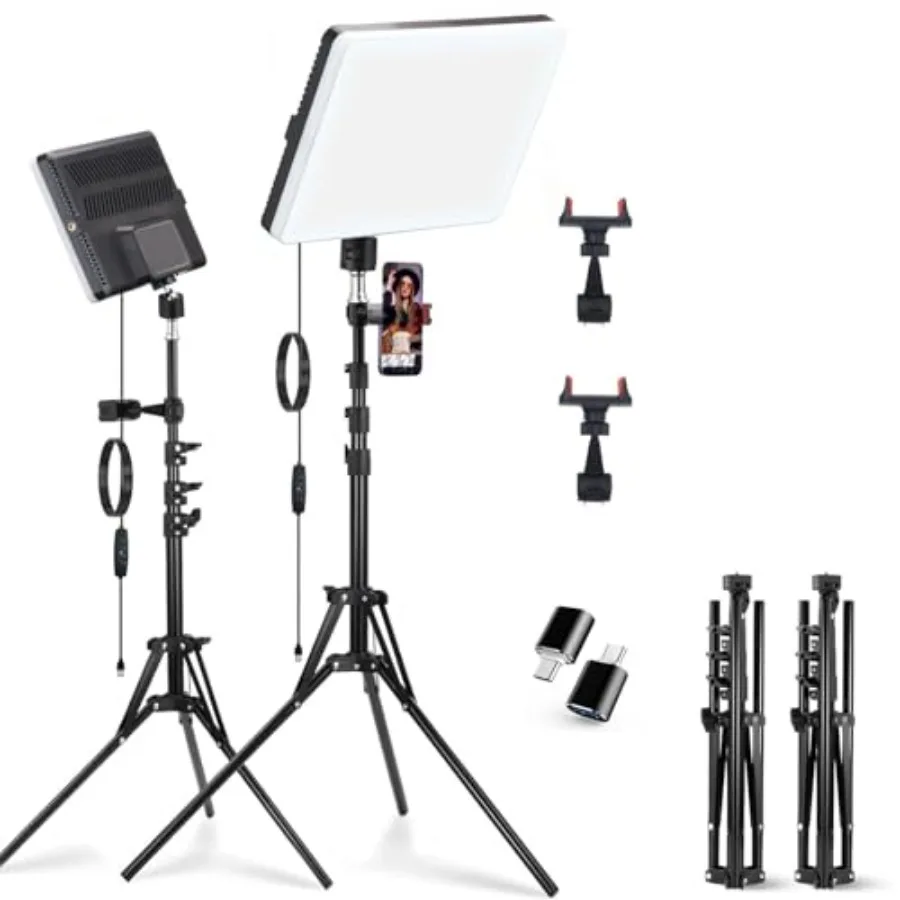 

2-Pack LED Video Light Panel, 2700K-7500K Bi-Color Dimmable Photography Lighting Kit with 60" Tripod Stands and Phone Holders,
