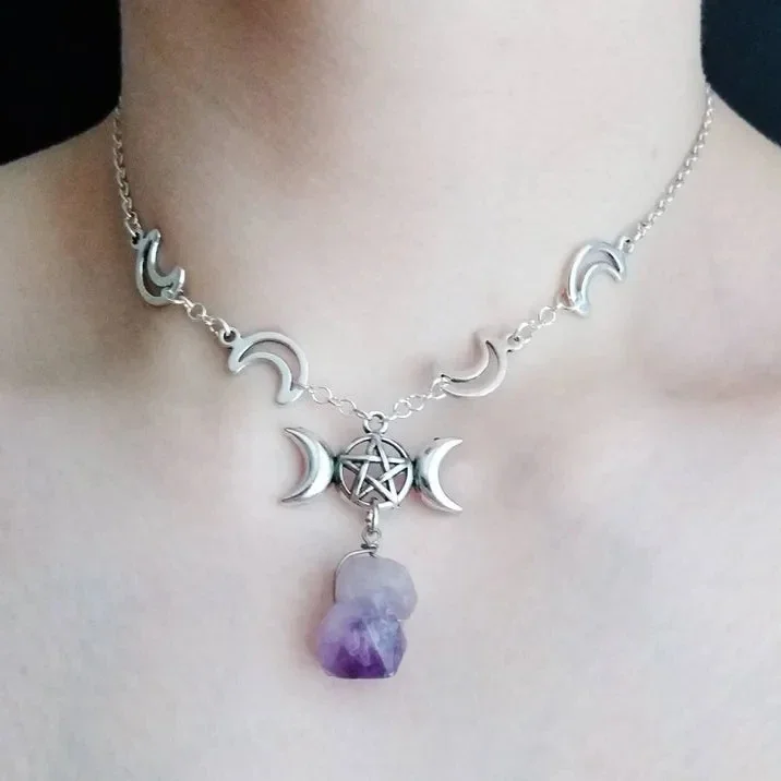 Witch Purple Raw Crystal Triple Moon Chain Necklace Punk Occult Gothic Pendant Pagan Jewelry Wiccan Women Gift Statement Goth