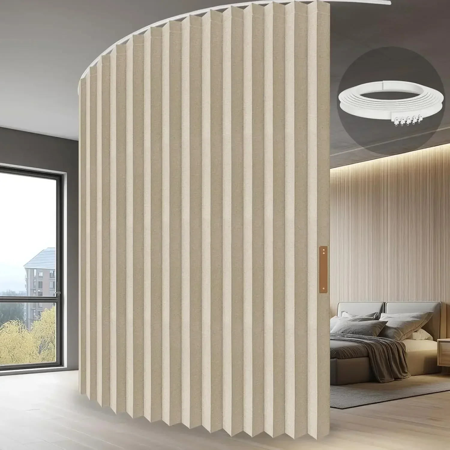 Accordion Folding Room Partition with Ceiling Track - Retractable Room Divider Curtain, Effortless Setup(Beige 100